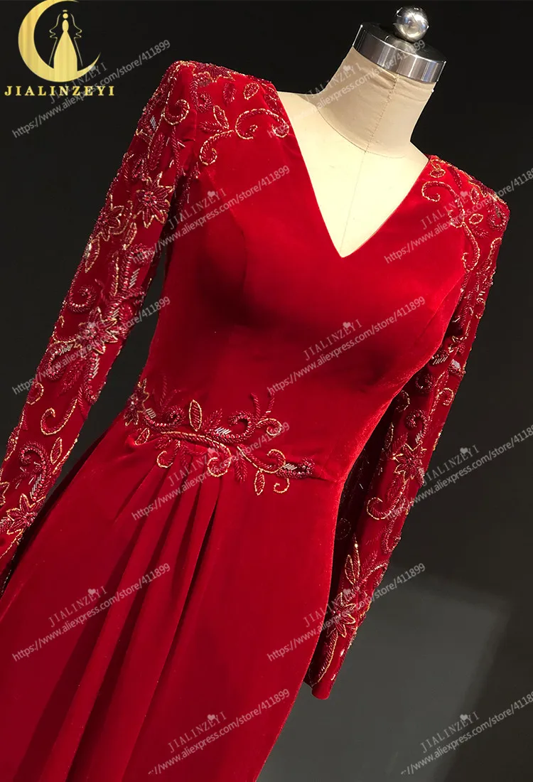 Rhine real Pictures Red Velevt Long Sleeves V Neck Floor Length Arabic платье 2021 Evening Dresses Long
