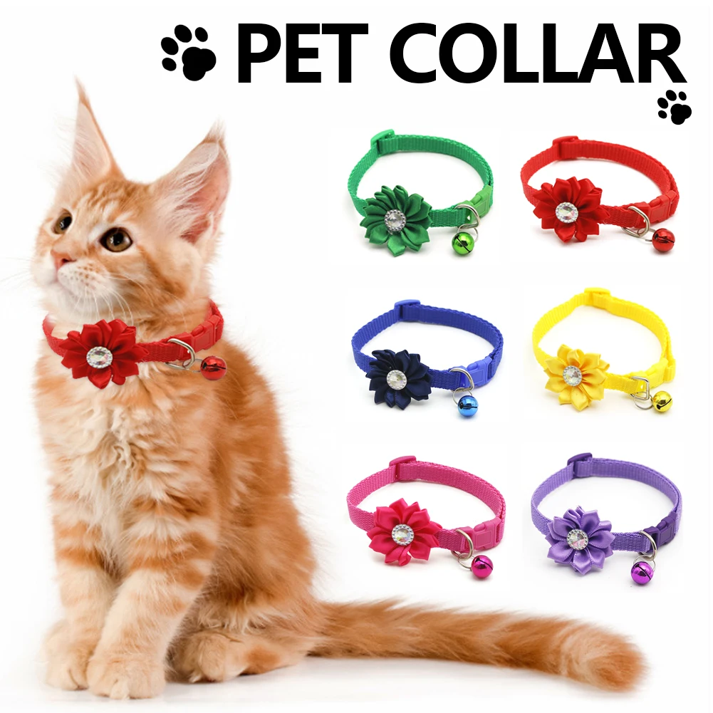 

Fashionable Pet Cat Collar Flower Bell Diamond Dog Cat Collar Adjustable Easy Wear Buckle Lovely Cat Necklace Cat Accessories