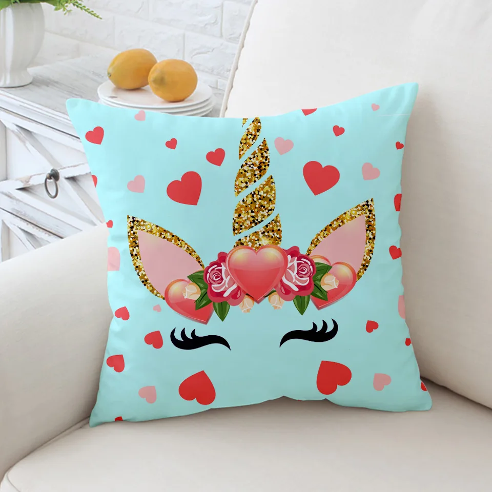 Чехол на подушку с милым мультяшным единорогом золотой розовый единорог