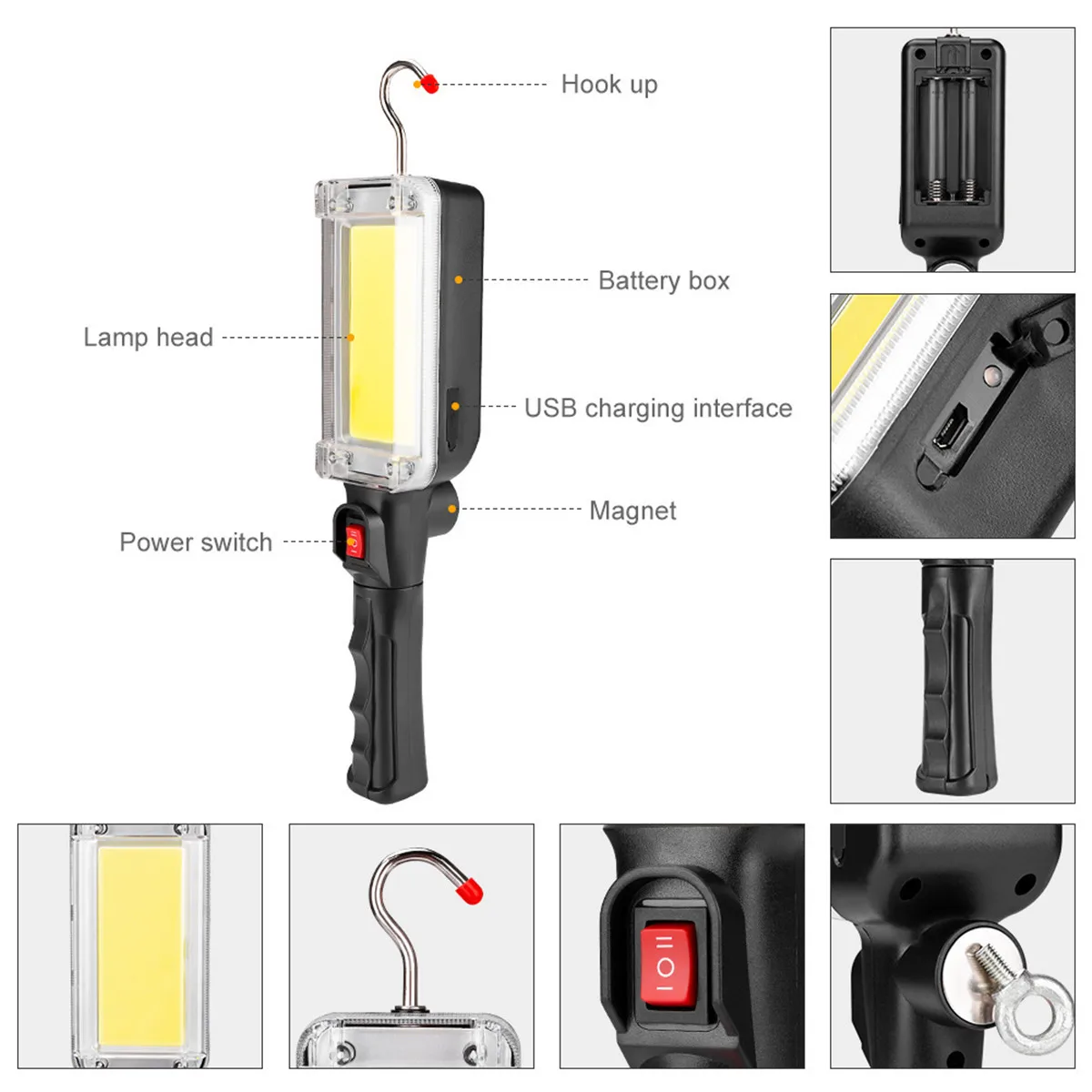 

COB LED Hand Torch Camping Magnetic Work Light Flashlight Floodlight Emergency Lighting Rechargeable Auto Inspect Repair Lamp