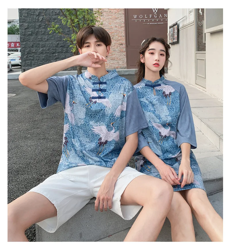 Женский и мужской костюм традиционный китайский Чонсам с принтом журавль Qipao Hanfu