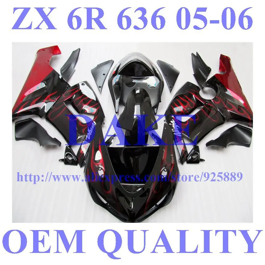 

Red Flame Black Fairing Kit For NINJA ZX 6R 636 05 06 ZX-6R DAKE ZX6R 2005 2006 ZX 6R 05 06 Fairings Mold