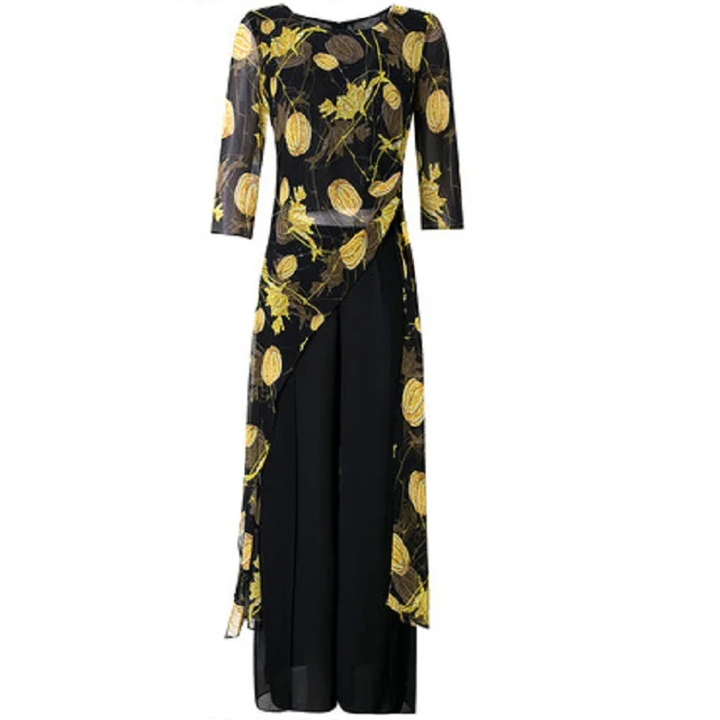 

Chiffon 2021 O-neck new suit women's summer retro print fashion irregular top with loose wide leg two piece set trousers