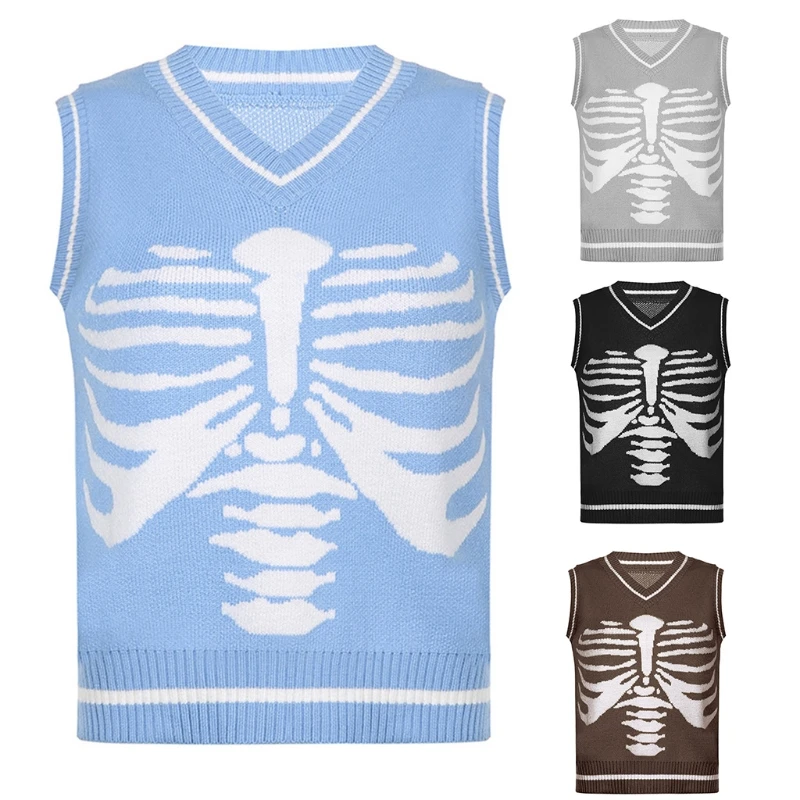 

Женский вязаный жилет без рукавов, готический свободный джемпер в стиле Харадзюку с нагрудным узором, повседневный свободный свитер с V-обр...