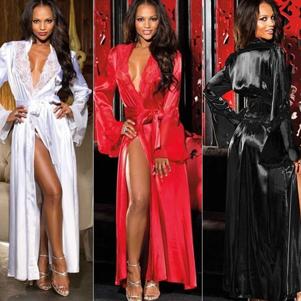 Сексуальные женские атласные халаты ночная рубашка с длинным рукавом костюм