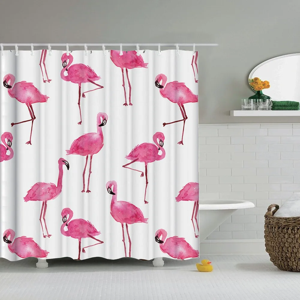 

Dafield Pink Flamingo Shower Curtain Tropical Flowers Decorations for Home Print Included with Hooks