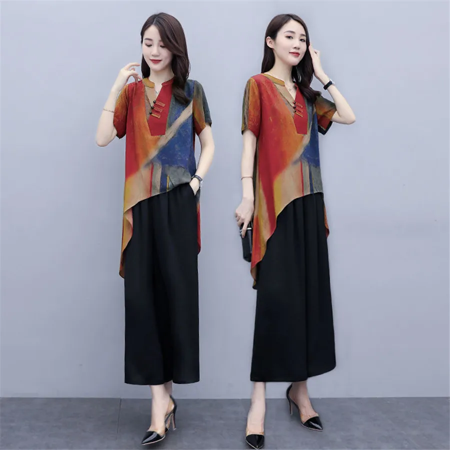

2021Women's Suit Women Tops High Waist Wide Leg Pants Two Sets of Women 2020 Spring Summer New Loose Wild Clothes 4xl