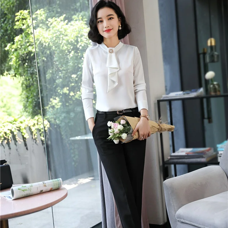 Модные женские блузки и рубашки с галстуком белые 2 шт брюки топ наборы Офисная