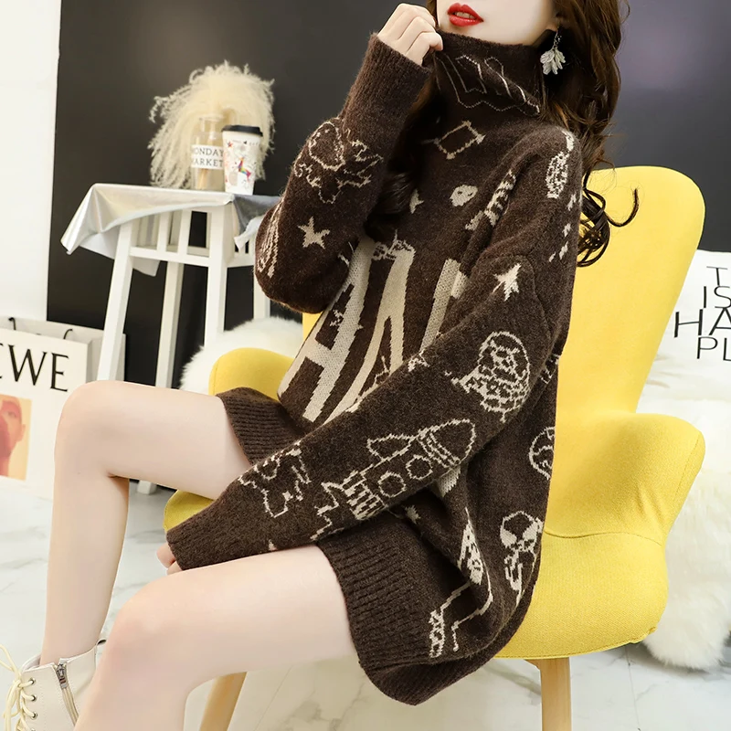 Женский вязаный свитер-водолазка повседневный черный пуловер свободного покроя