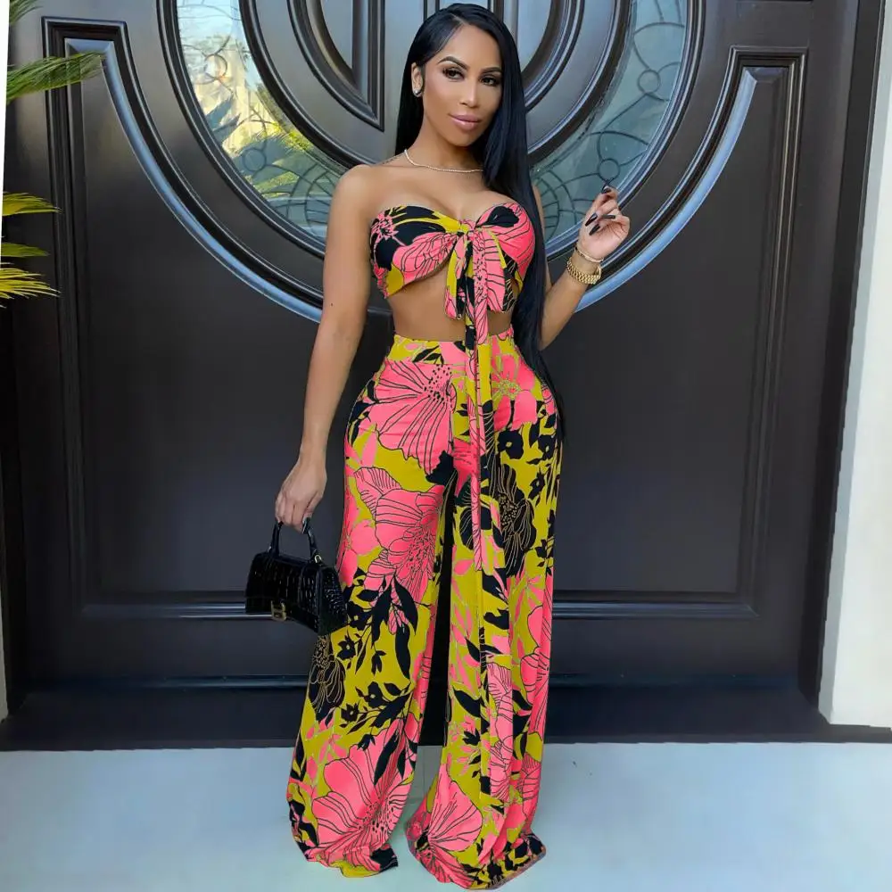 

European and American Women's Sexy Fashion Printed Chest-Wrapped Straps Exposed Umbilical Wide-Leg Pants Two-Piece Suit