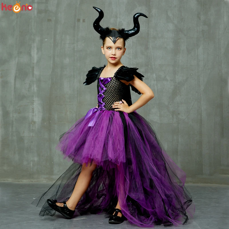 

Girls Halloween Evil Dark Queen Tutu Dress Hi-Low Hem Kids Wicked Witch Ball Gown for Cosplay Party Carnival Fancy Costume