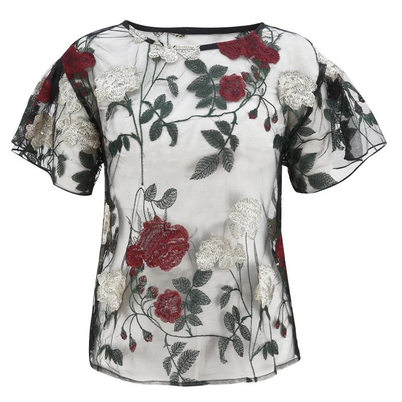 

Women's Mesh Embroidery Floral Top Women's Loose Round Neck Pullover Summer Black