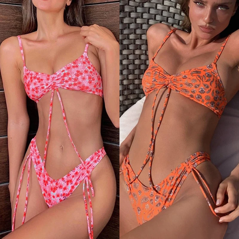 

2021 Bikinis Micro Thong Bandage Adjustable Swimsuti Sexy Swimwear Women Summer Bikini Set Floral Print Biquini Beach Wear