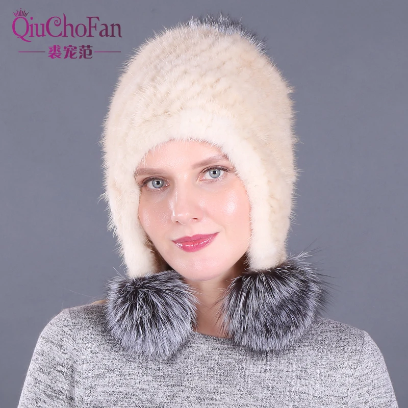 Серебристая помпон из лисьего меха шапка для женщин зимняя женская меховые