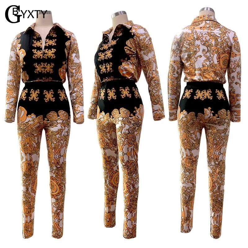 GBYXTY Vintage Print Tracksuit Long Sleeve Bodysuit and Pants Two Piece Set Women 2021 Spring Autumn Outfits Matching ZL414 |