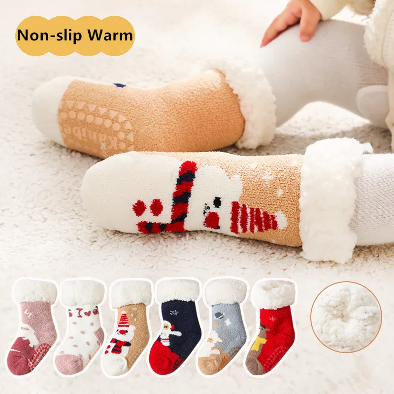 

2 Pairs Baby Socks Warm Autumn Winter Kids Girls Boys Anti-slip Non Skid Socks Children Thick Cartoon Toddler Floor Sock Shoes