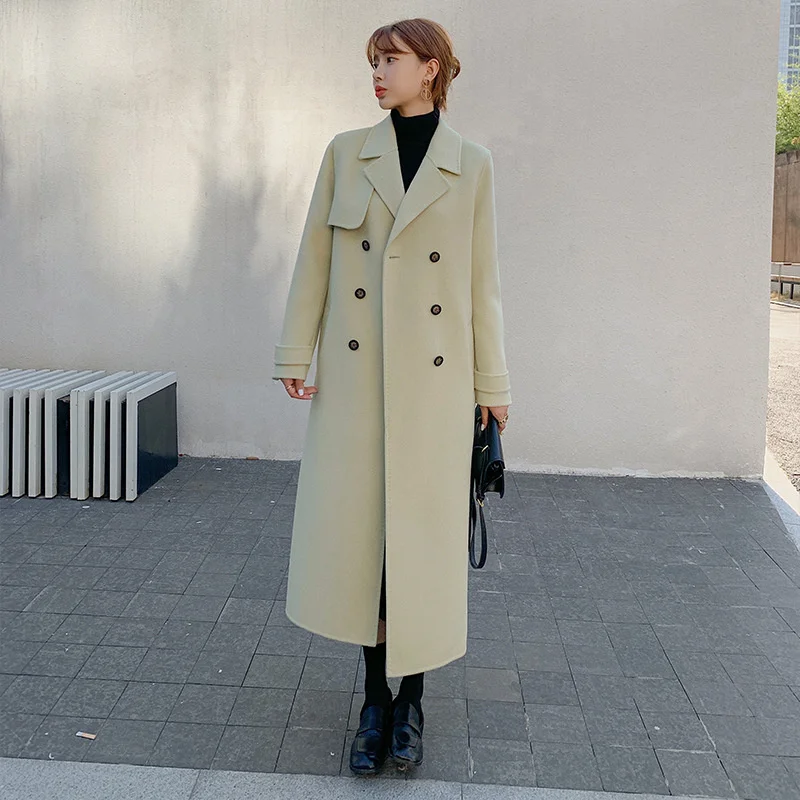 

Женское зимнее пальто SHZQ 2021 ручной работы, однотонное двухстороннее длинное шерстяное пальто из 100% шерсти, корейское свободное черное паль...