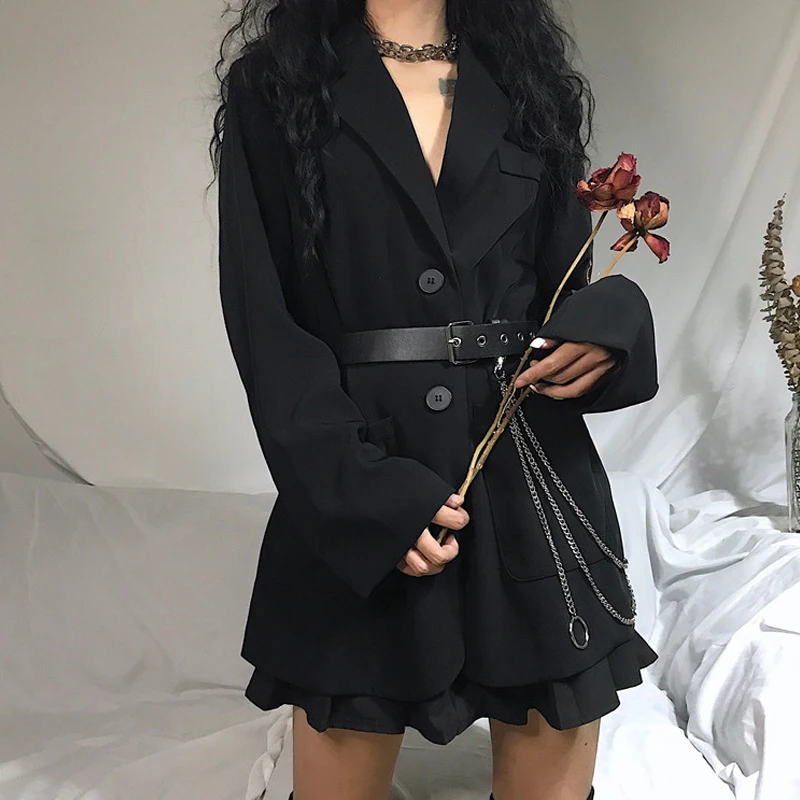 Женский винтажный блейзер с длинным рукавом черный свободный пиджак в стиле