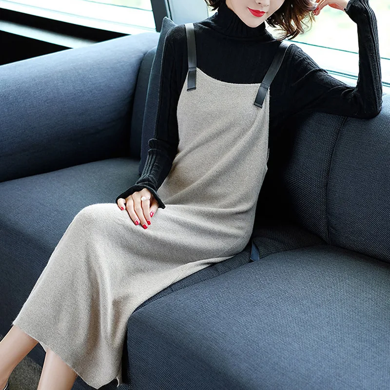 Женское платье миди Свитера на весну осень зиму вязаный сарафан бретелях Vestidos