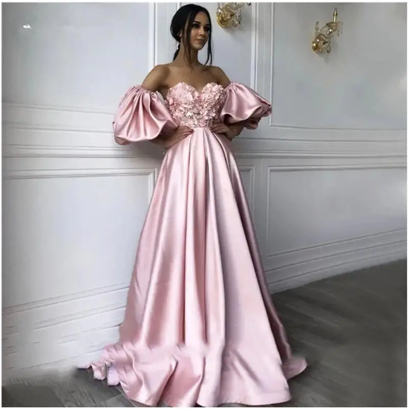 

Pink Off Shoulder Prom Dresses Ruched Satin Appliqued Lace Beads A Line Evening Dress Formal Party Second Reception Gowns Robe