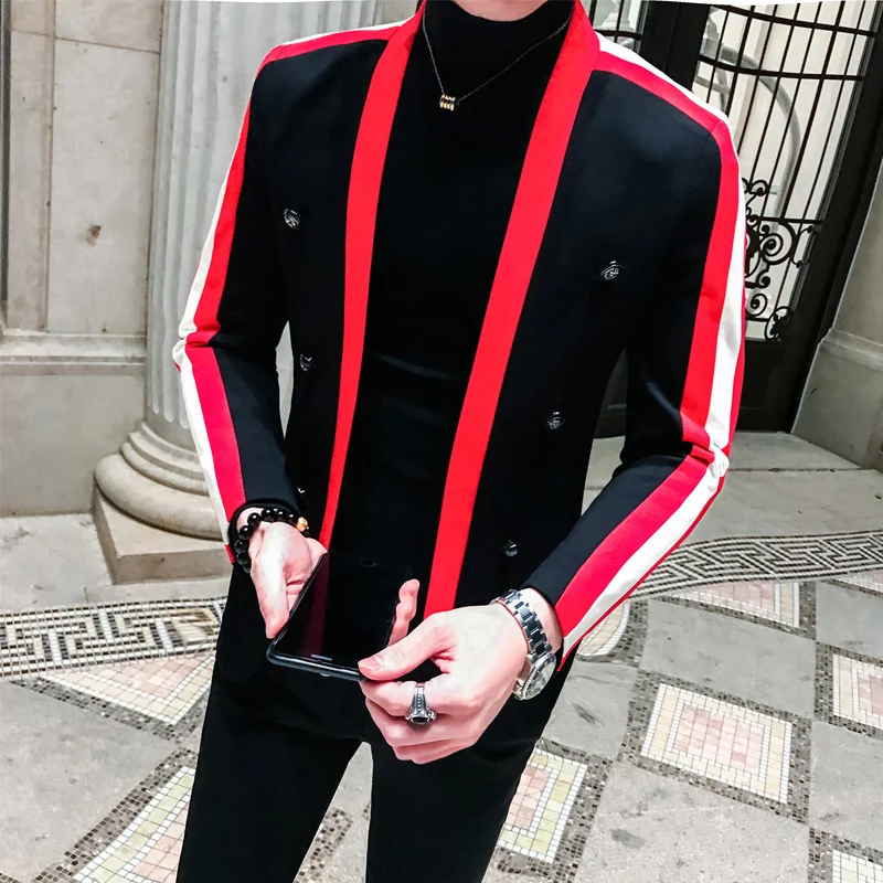 

Black Red White Stripe Homme Slim Fit Mens Desinger Suit Jacket Men Veste Saco Blazer Hombre Korean MenWedding Dress 2020