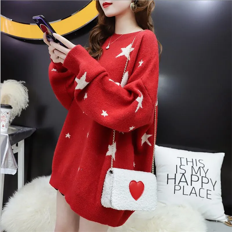 

Red Sweater Female Christmas Set Loose 2021 New Solid Full Sleeve Ins Suit Autumn And Winter Sweater Top