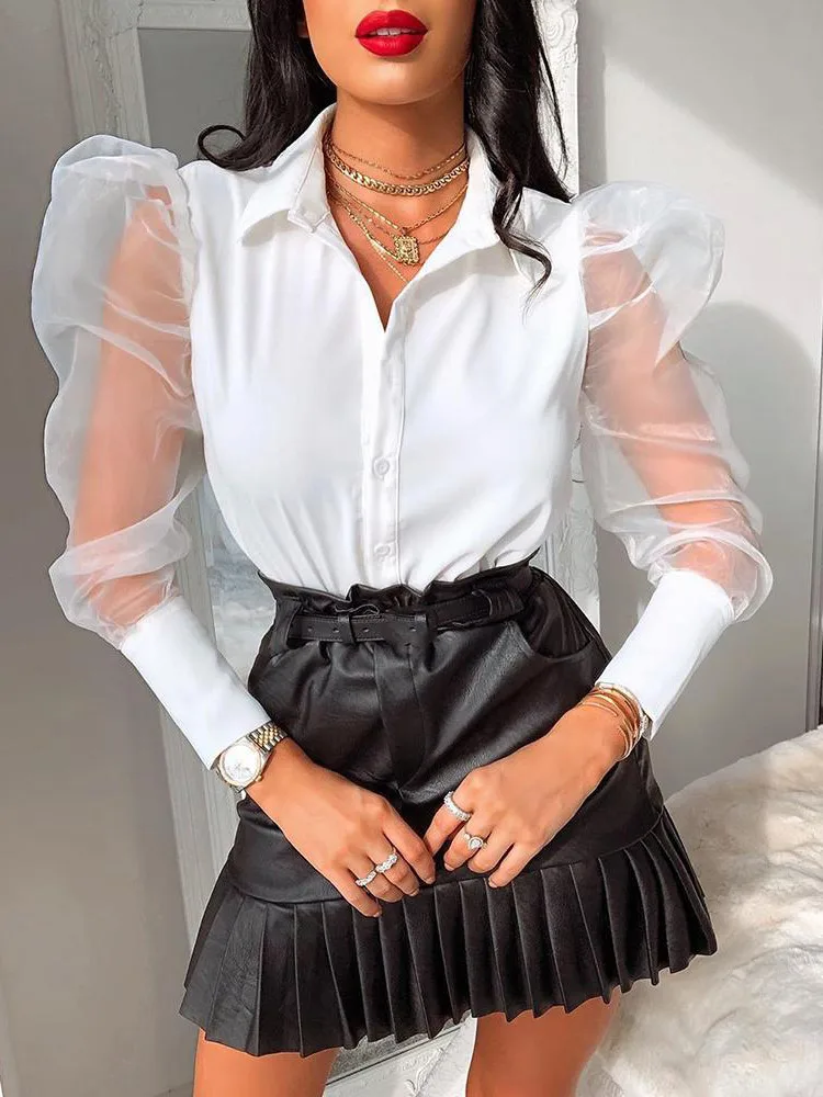 Модные женские топы и блузки элегантные сетчатые пышные рубашки с длинным