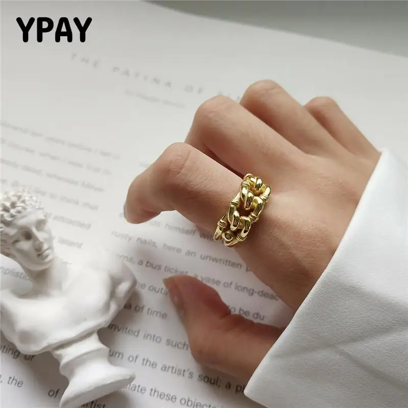 

YPAY Real 925 Sterling Silver Open Rings for Women Korea Japan Irregular Twist Chain Adjustable Ring Fine Party Jewelry YMR856