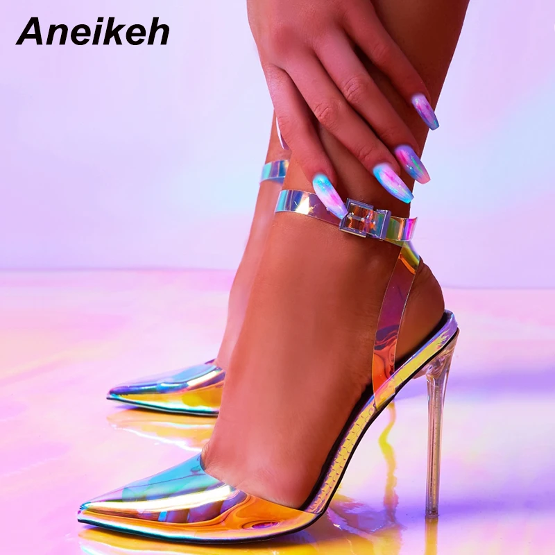 Aneikeh/серебристые женские босоножки из ПВХ на каблуке; Туфли-гладиаторы с ремешком на щиколотке; модельные туфли на высоком тонком каблуке с острым носком; модная летняя женская обувь