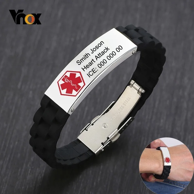 

Vnox Soft Comfort Wear Silicone Wristband for Men Personalize Medical Bracelet Stainless Steel ID Tag AUTISM Emergency Reminder