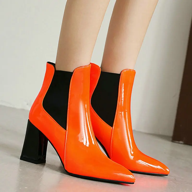 

Женские ботинки челси оранжевого, желтого, черного цветов, Модные ботильоны с острым носком на толстом высоком каблуке, новинка сезона осень-зима 2020, женская обувь