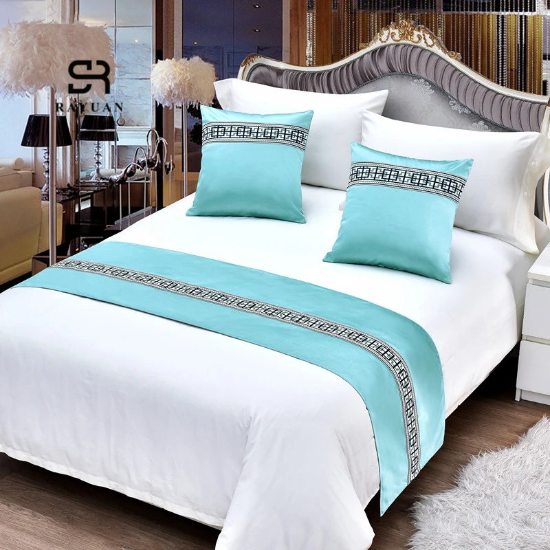 

RAYUAN Blue Suede Embroidery Bedspreads Bed Runner Throw Bedding Single Queen King Bed Cover Towel Home Hotel Decorations