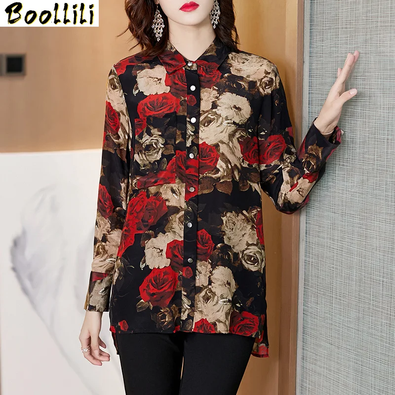 Boollili Real Silk Shirts Womens Tops and Blouses Long Sleeve Blouse Spring Autumn Print Vintage Blusas Mujer De Moda 2020