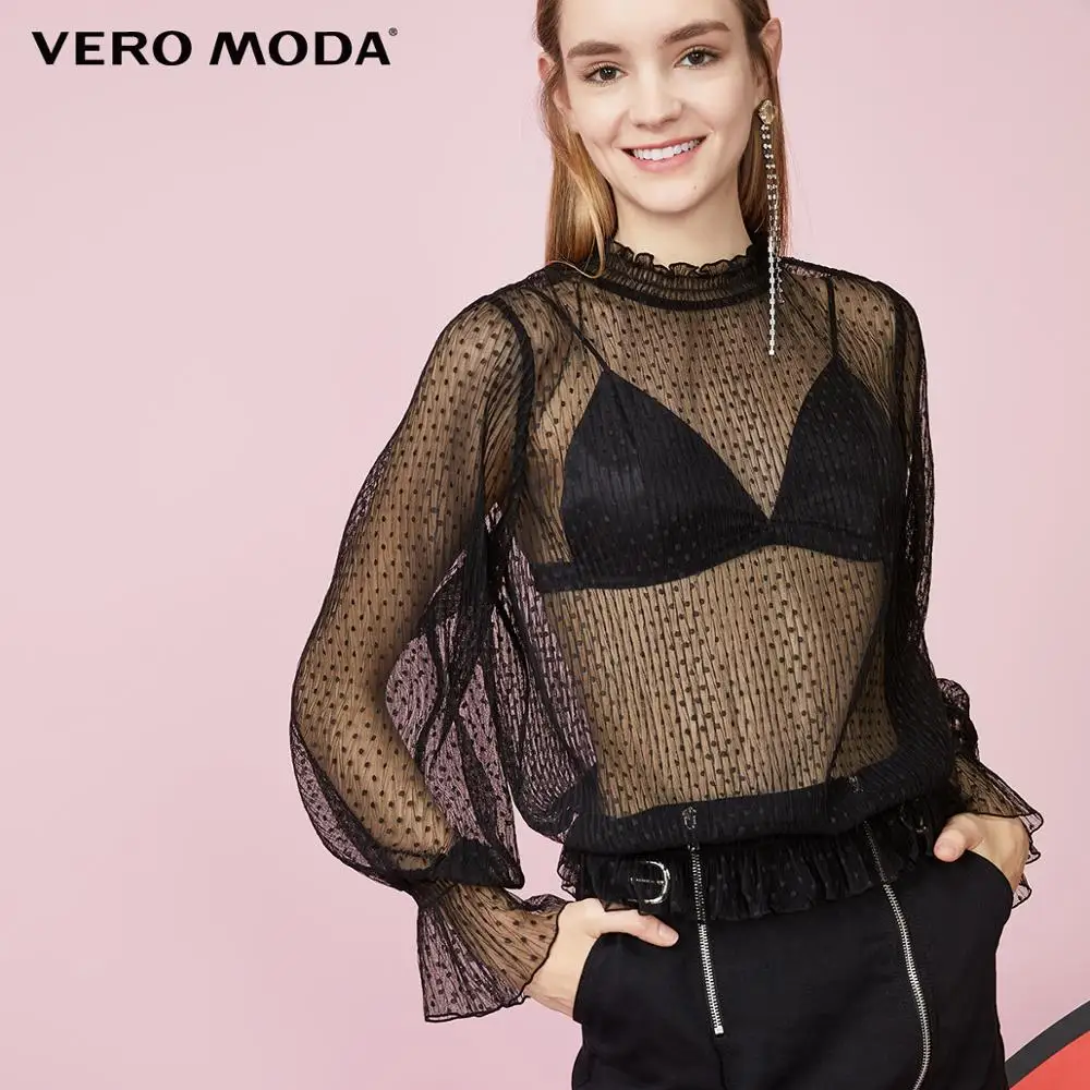 S59 Black Vero Moda Женская свободная облегающая кружевная шифоновая рубашка в горошек с расклешенными рукавами | 319302509 - Цвет: S59 Black