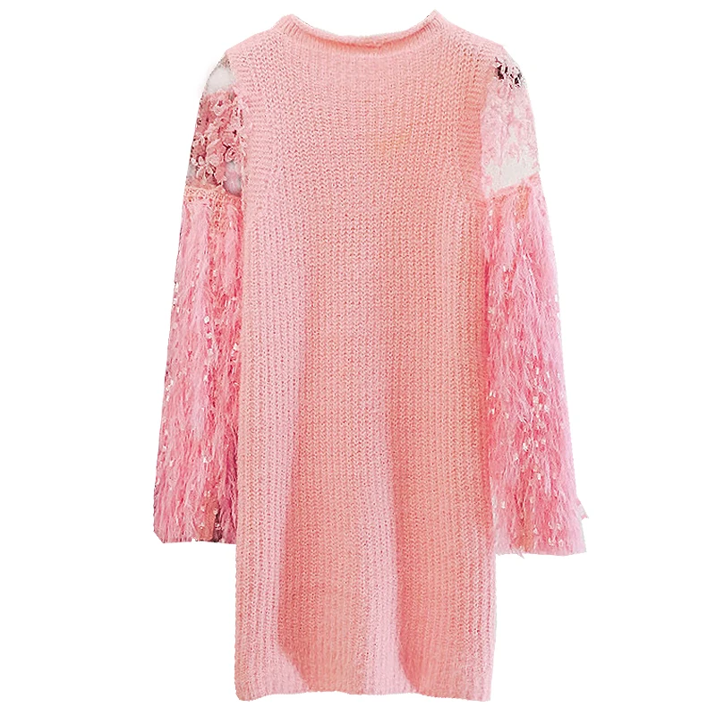 2019 new lace stitching perspective fringed sleeve sweater Lantern skirt long coat tide | Женская одежда