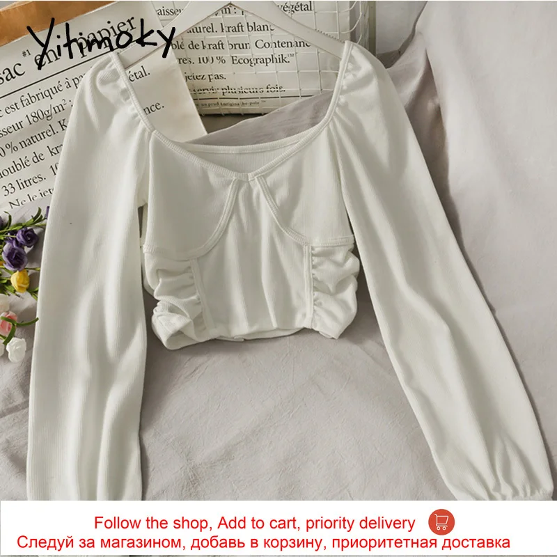 

Yitimoky Women Blouses Long Sleeve Top Spring 2021 New Fashion Ladies Clothes Short Tops Puff Sleeve Folds Square Collar Shirts