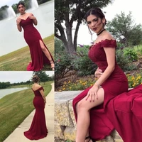 sexy dark red mermaid prom dresses high side split off shoulder lace applique cheap formal dress evening gowns vestidos