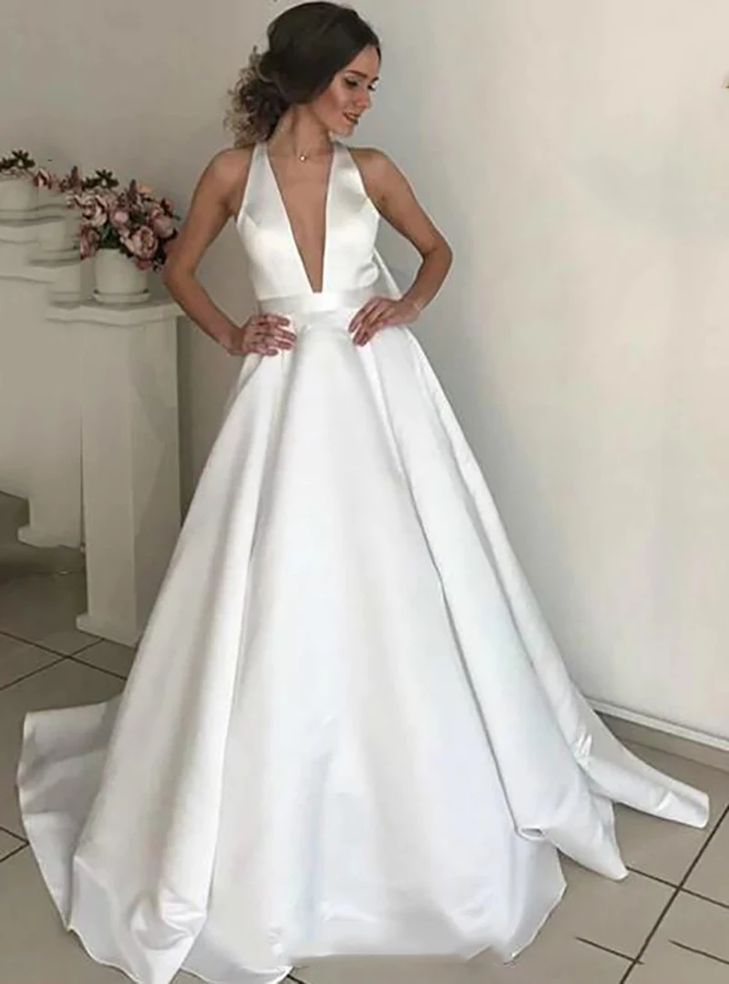 Lorie Boho A Line Satin Wedding Dresses V Neck Bride With Big Bow Vestido de novia Elegant Gown | Свадьбы и торжества