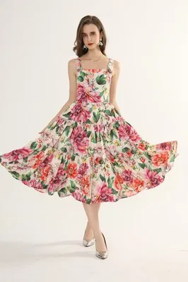 

Women cotton dress with flower print braces skirt 2021 fashion summer beach holiday