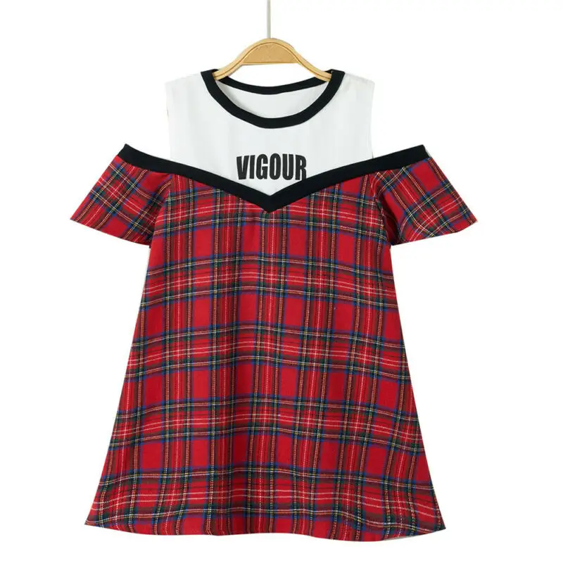 

Kids Girls Short Sleeve Dress Summer White Stitching Red Plaid Printed Cotton Dresses Loose Casual Fashion Off Shoulder Skirt