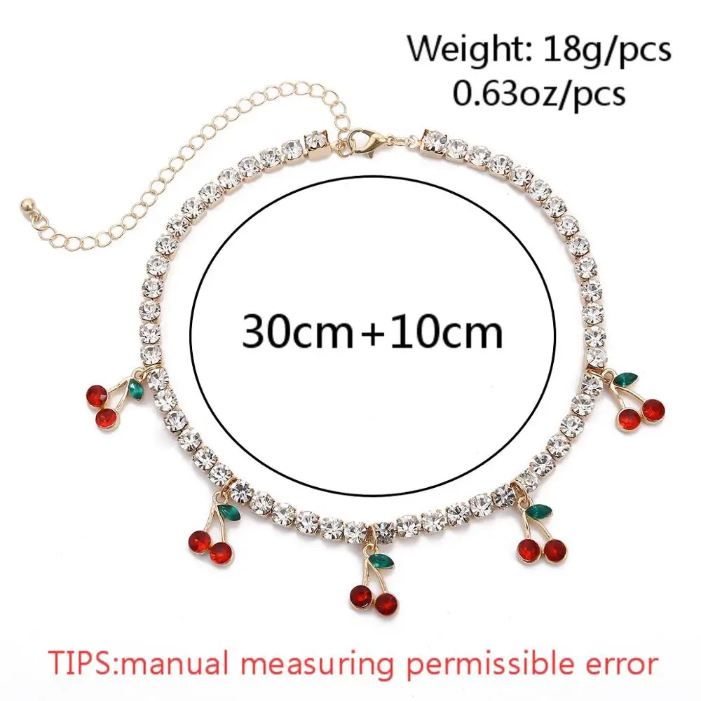 

Fashion Korean Style Clavicle Chain Crystal Red Cherry Pendant Necklace for Women Rhinestone Tennis Chain Necklace Bling Jewelry