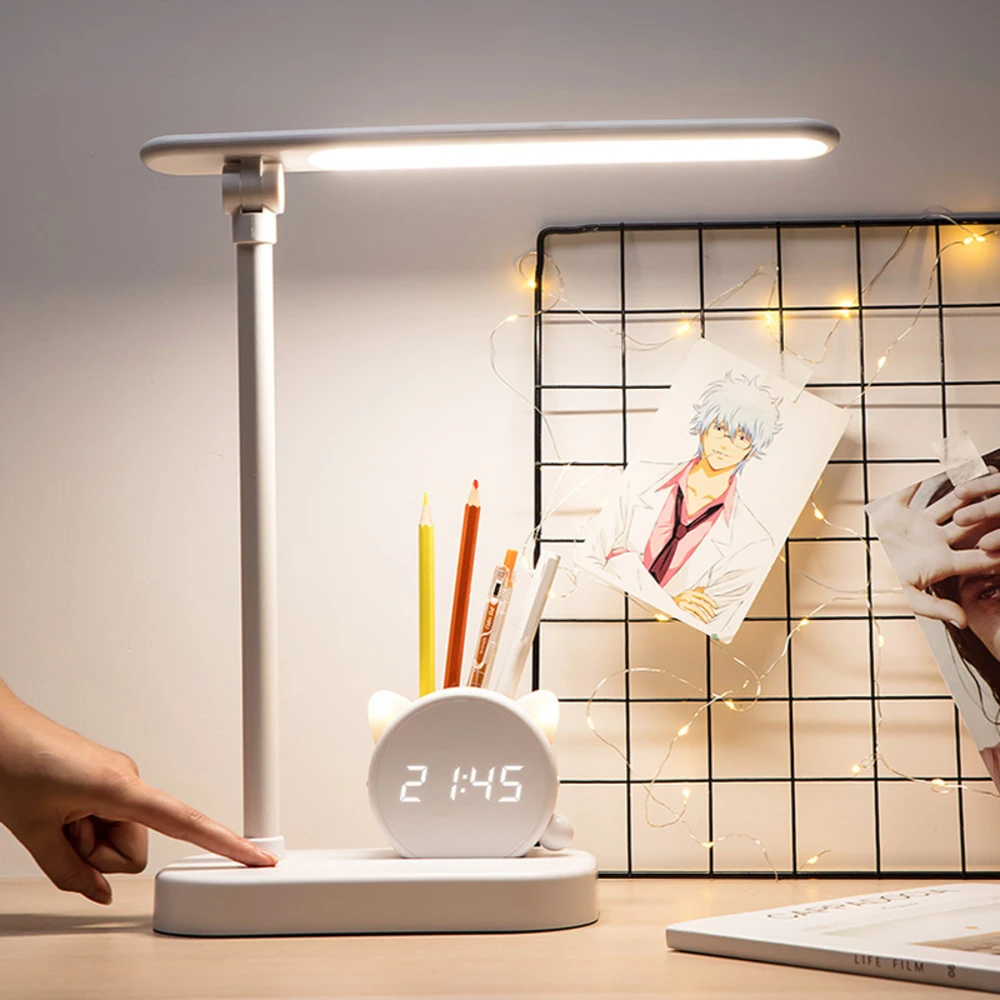 

USB Rechargeable LED Table Lamp Touch Dimming Office Foldable Desk Lamp With Clock Pen Holder Bedside Reading Light Eye Protect
