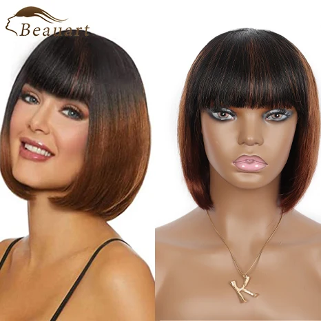 

Beauart Human Hair Bob Cut Full Wigs With Bangs 10" Straight Ombre Black To Brown Wig For Women None Lace Front Bob Cut Wig