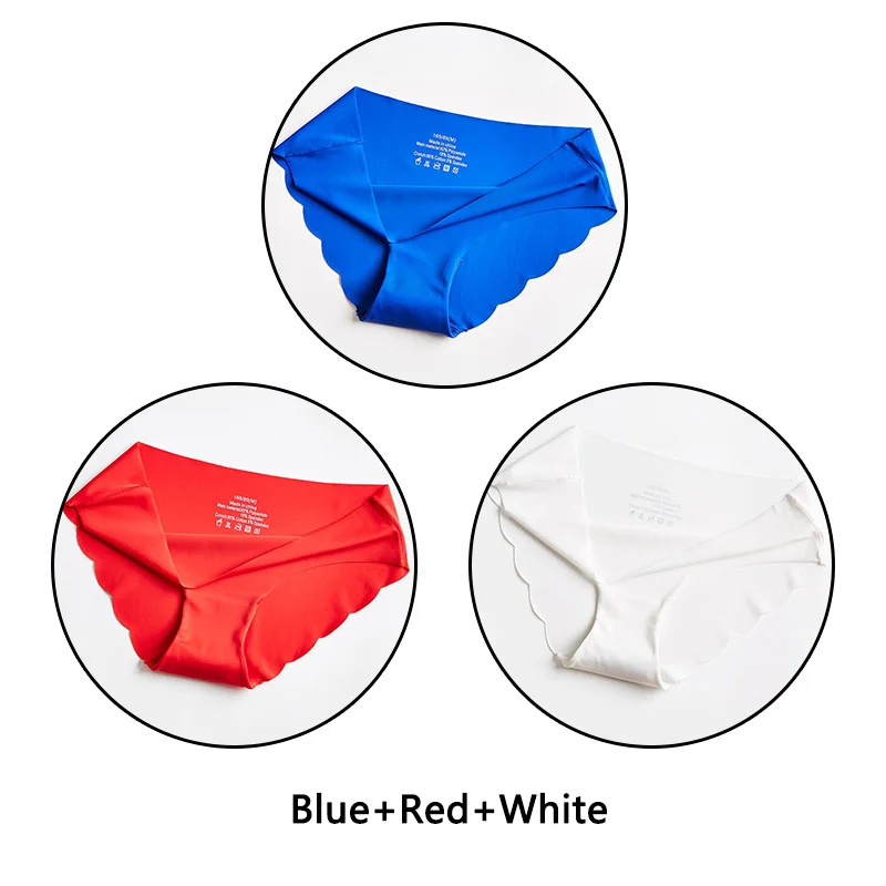 Blue Red White 3 шт. ультра тонкие мягкие женские трусики бесшовные трусы сексуальные оборки Нижнее белье Женские однотонные трусики 7 цветов Нижнее белье с низкой посадкой нижнее белье - Цвет: Blue Red White