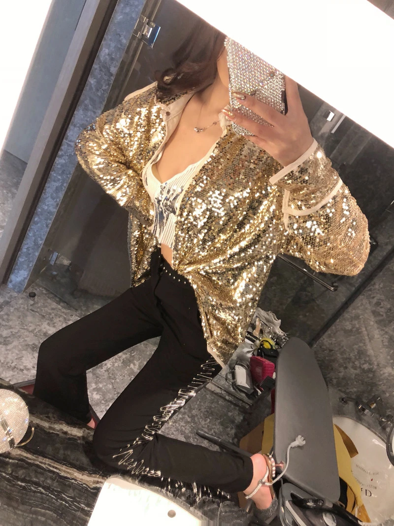 Осень 2018 Женская шикарная расшитая блестками куртка пальто с длинным рукавом