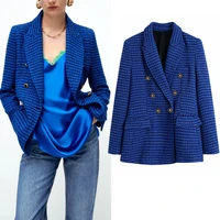 traf za blazer women blue tweed blazer woman textured double breasted long sleeve jacket autumn 2021 office elegant fitted coat