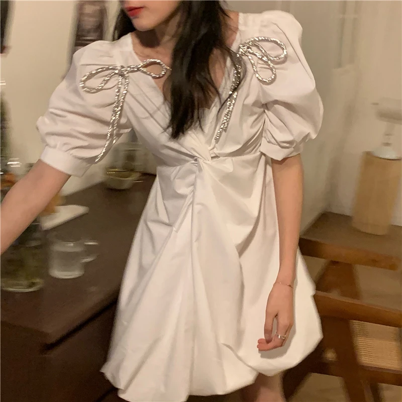 

2021 Women's Mini Puff Sleeve Dress Solid Bow Summer Spring Party Casual Chic Sexy V Neck Dress Y685