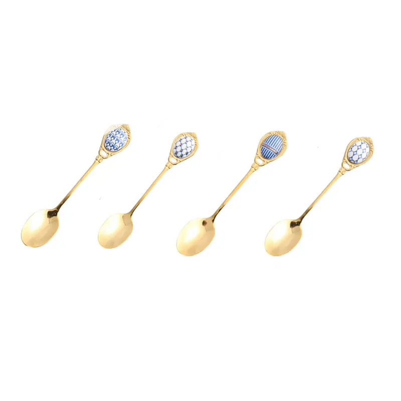 

Stainless Steel Spoon Inlay Ceramic Handle Ice Cream Coffee Spoons Teaspoon Vintage Gold Plating Dessert Cake Scoop Tableware