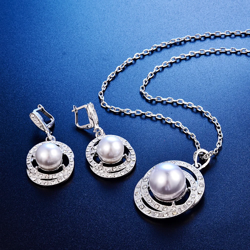 TSHOU153 Серебро Жемчужное ожерелье серьги кольцо три Набор для вышивки крестом