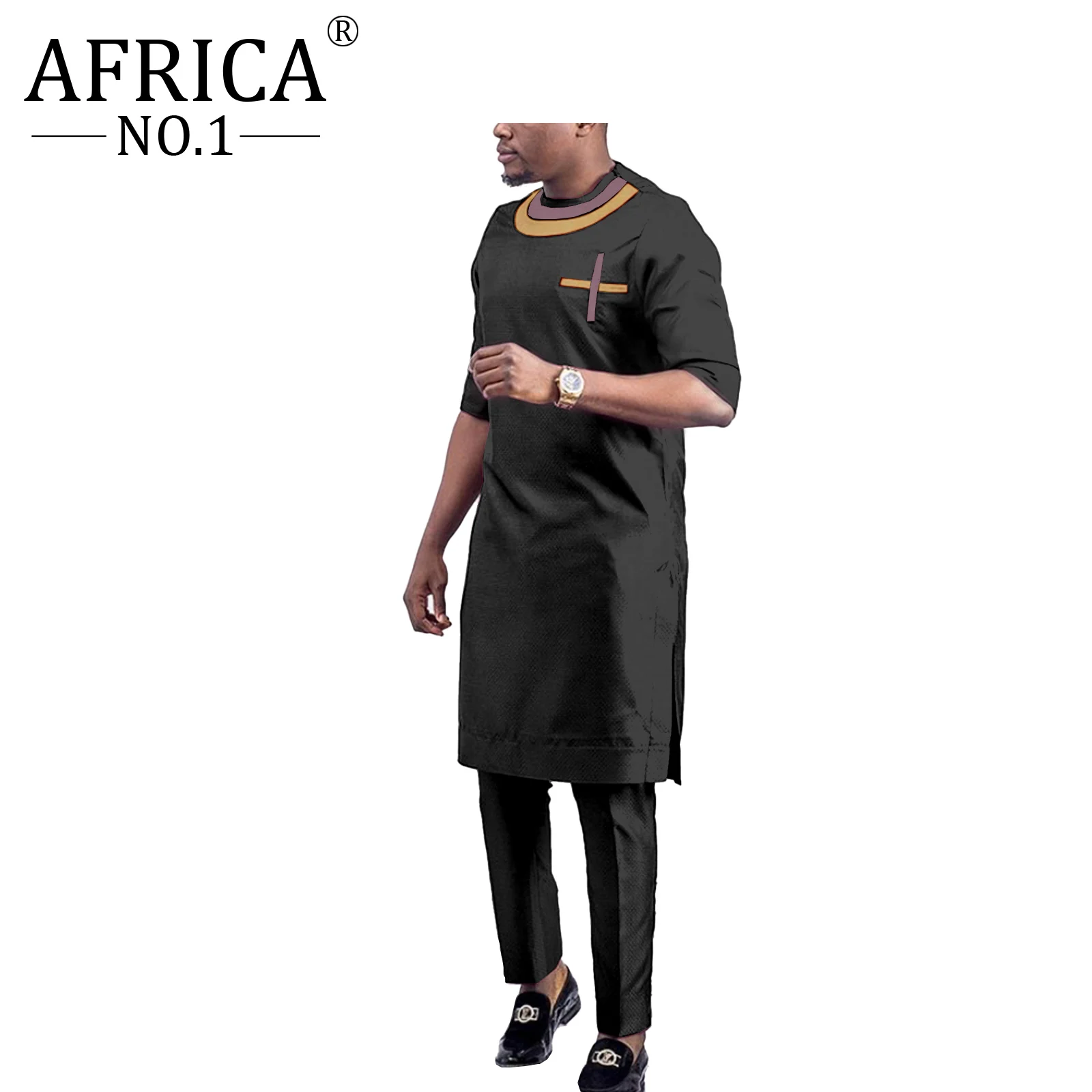 African Clothes For Men Rich Bazin Long Sleeve Dashiki Solid Color Crew Neck Robe Traditional Contracted Design Shirts and Pants